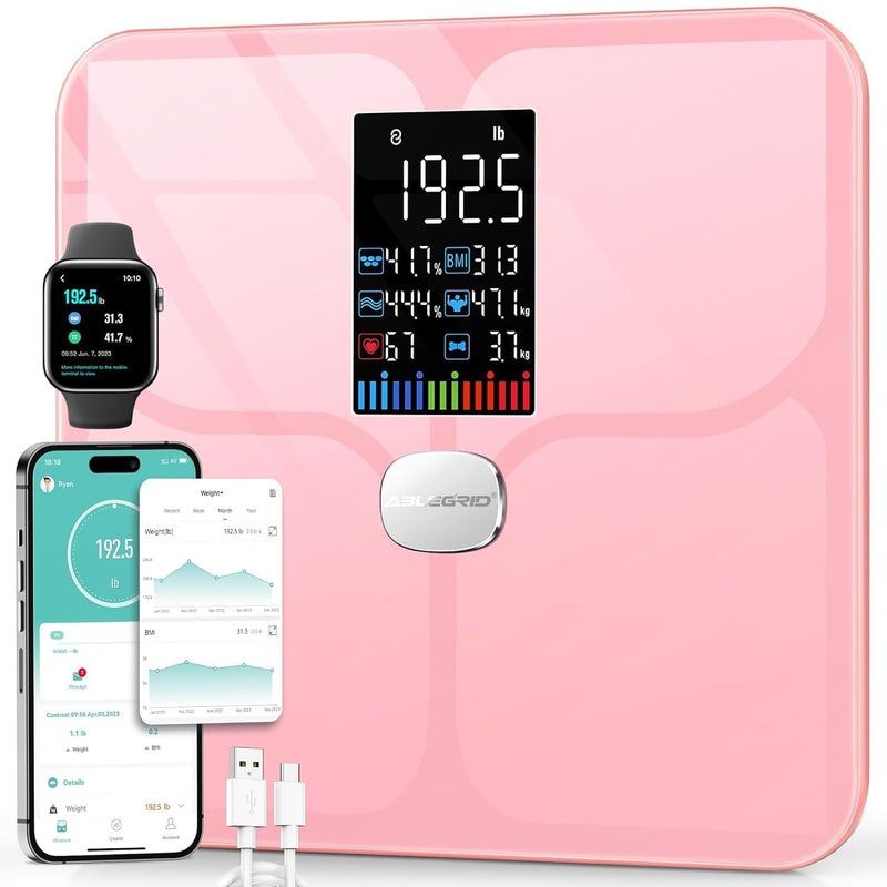 Ablegrid Body Fat Scale,Digital Smart Bathroom Scale for Body Weight,Large Color Display Screen,16 Body Composition Metrics BMI,Water Weigh,Heart Rate,Baby Mode,400lb,Rechargeable-Rosegold - Image 1